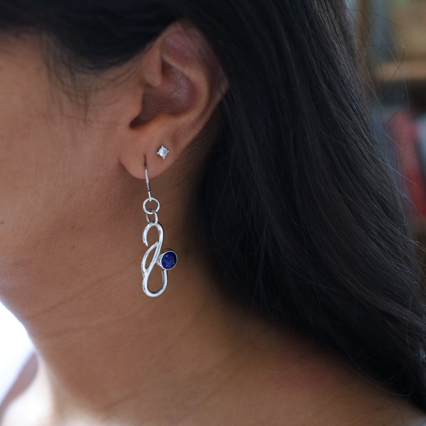 Abstract Sterling Silver & Lapis Lazuli Dangle Earrings