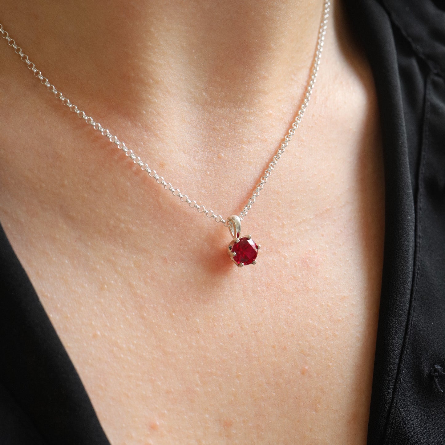 Garnet Solitaire Necklace in Sterling Silver
