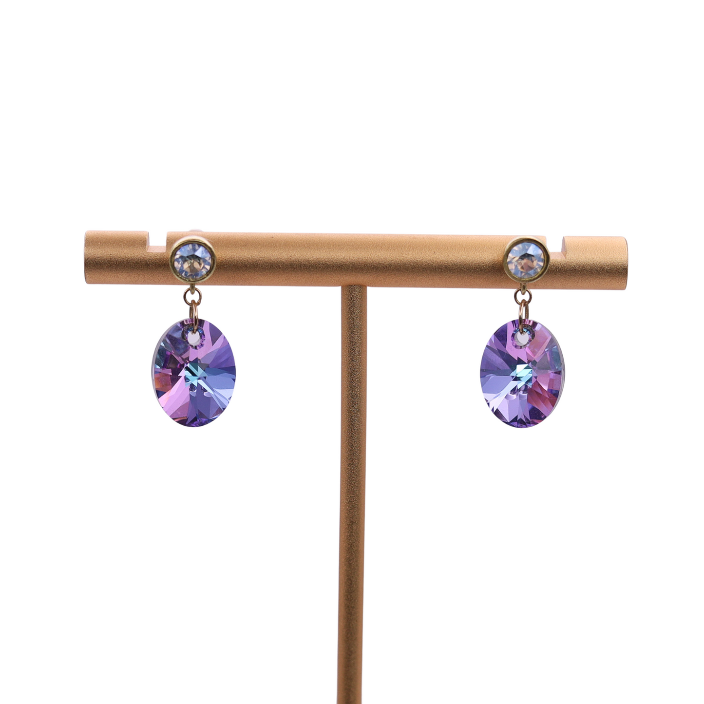 18k Solid Gold Purple & White Swarovski Earrings