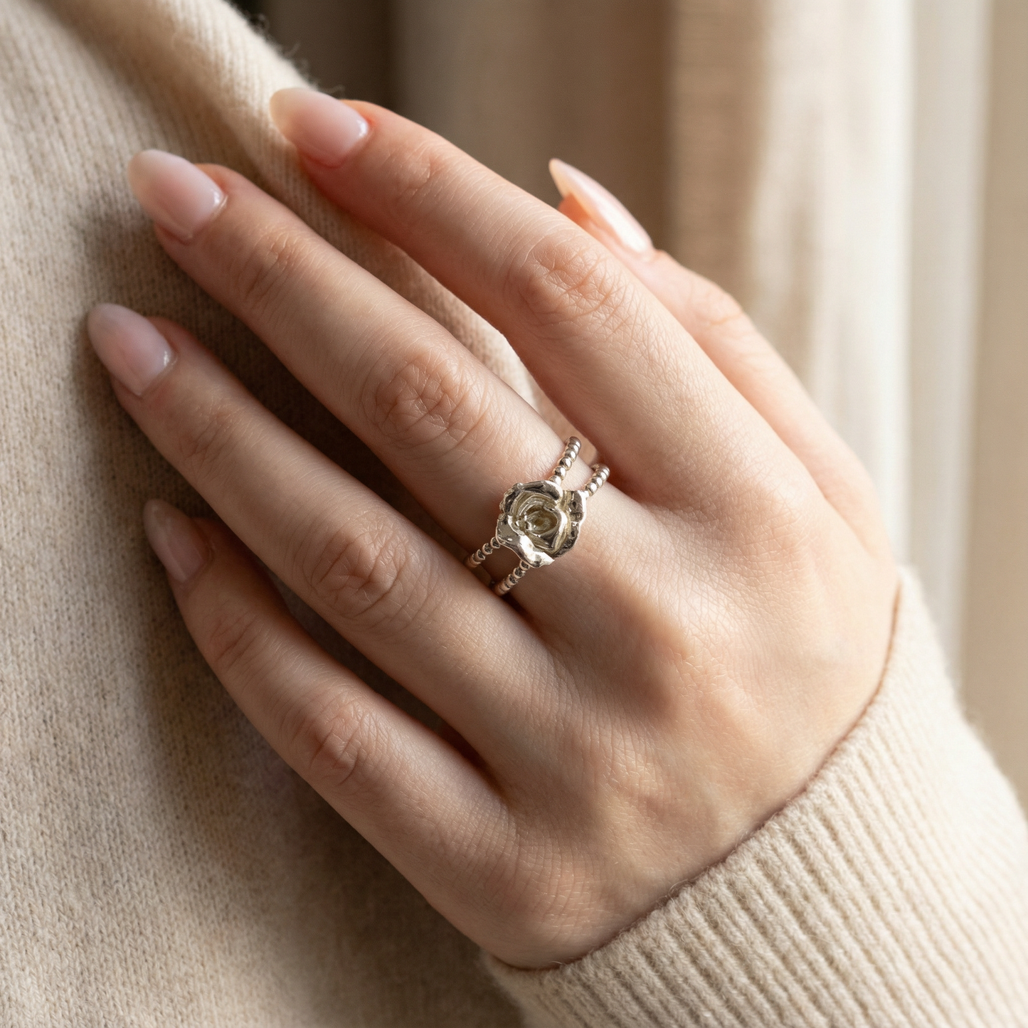 Double Beaded Rose Ring in Sterling Silver