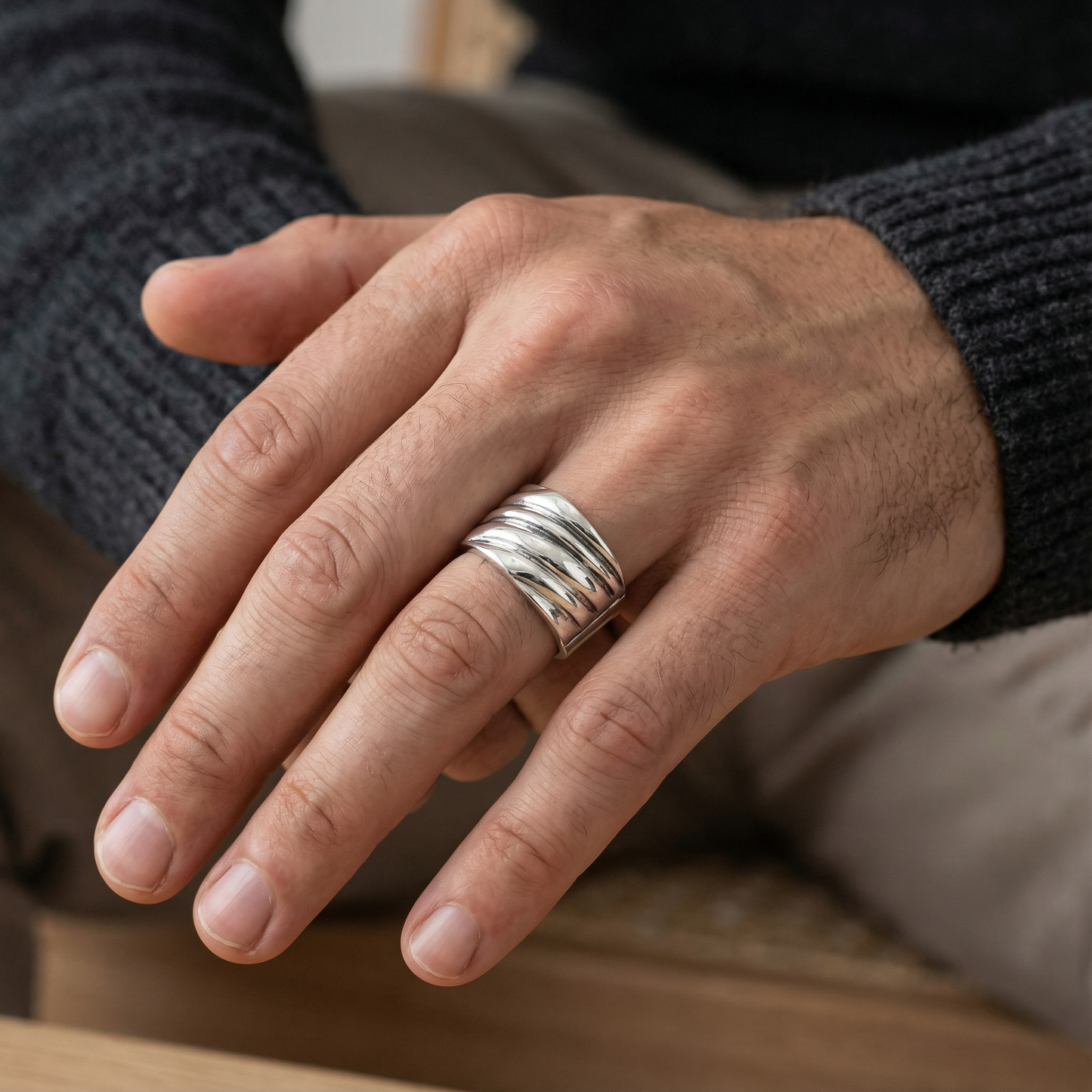 Gents Sculptural Wave Ring in Sterling Silver