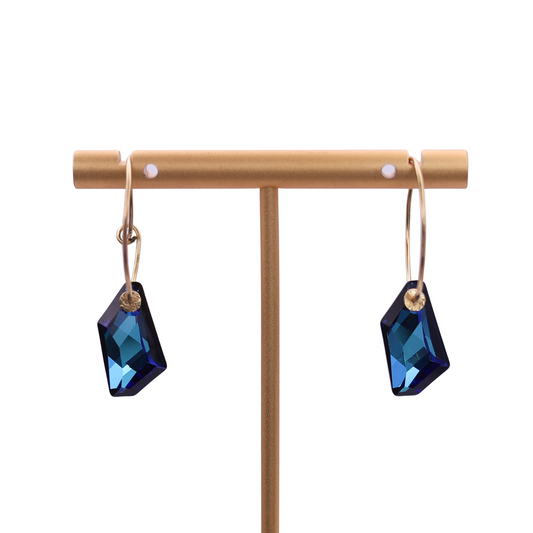 Solid 18k Gold Blue Swarovski Hoop Earrings