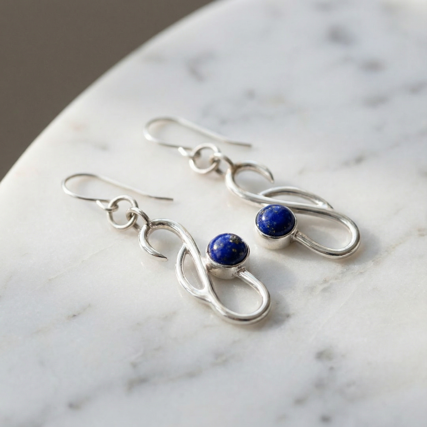 Abstract Sterling Silver & Lapis Lazuli Dangle Earrings
