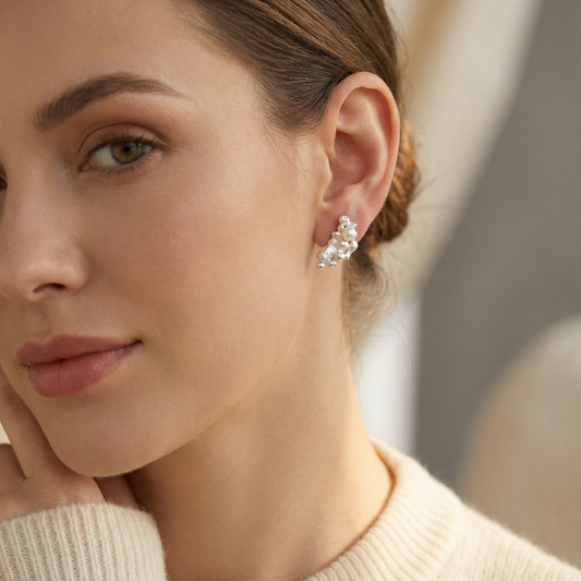 Abstract Silver & Pearl Stud Earrings