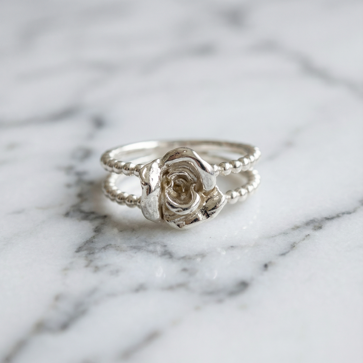 Two Roses Ring Double Beaded Rose Ring in Sterling Silver – Dama Studio