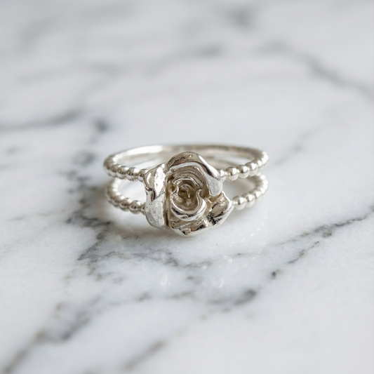 Double Beaded Rose Ring in Sterling Silver