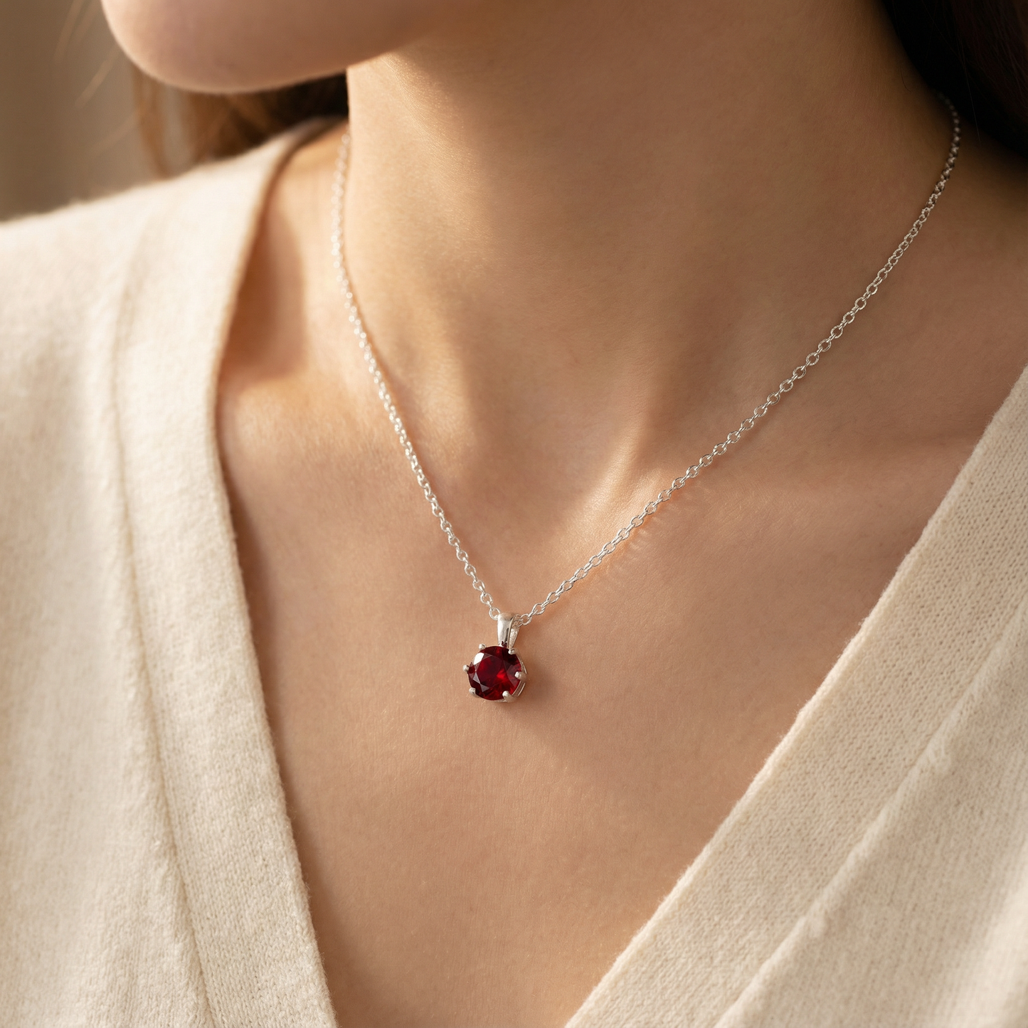 Garnet Solitaire Necklace in Sterling Silver