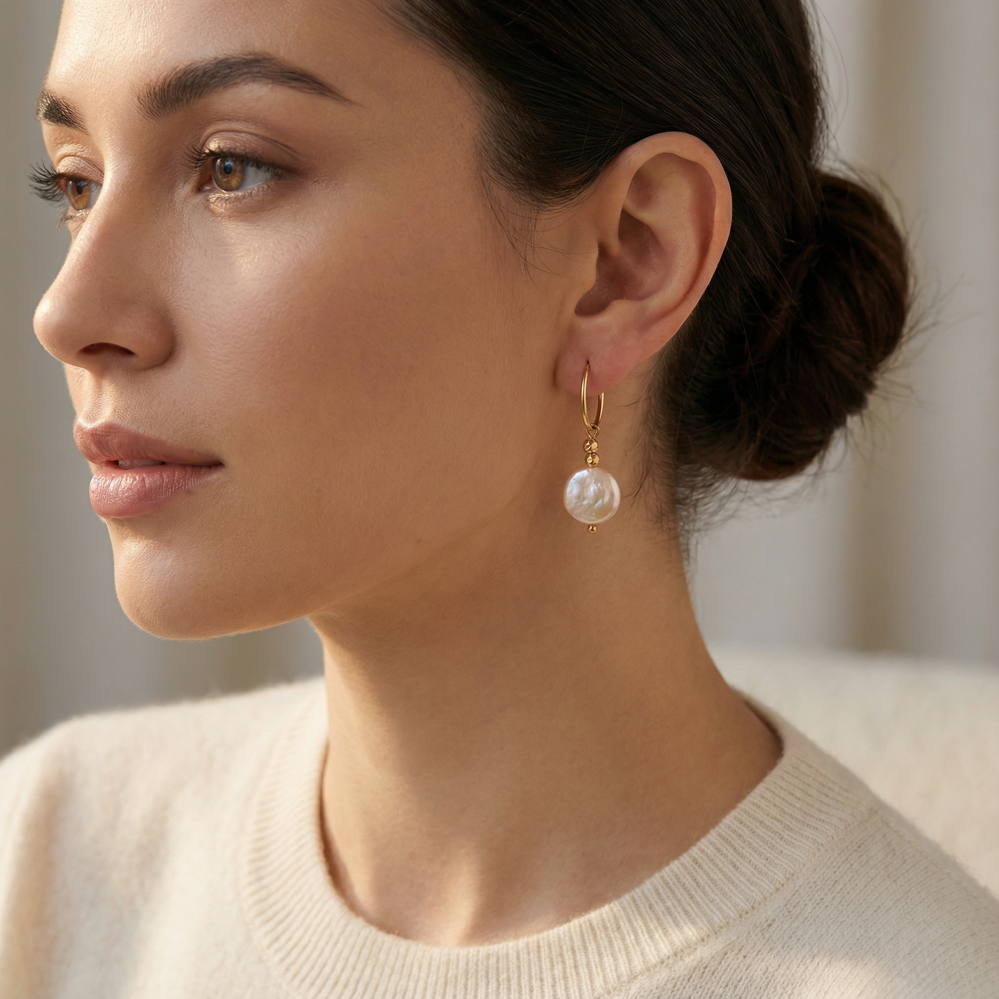 Freshwater Pearl & Gold Hoop Dangle Earrings