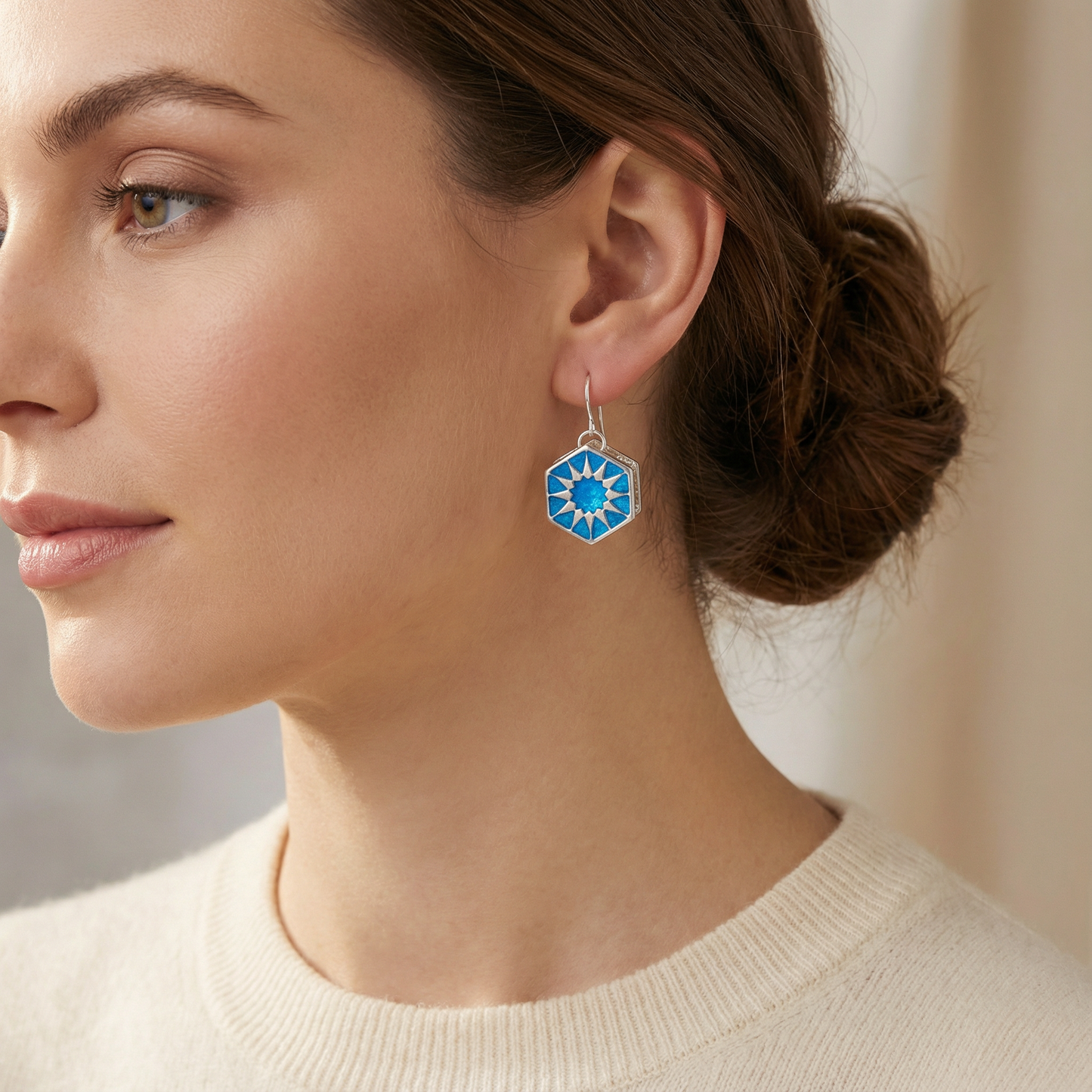 Tile Design Drop Earrings - Blue Hexagonal Earrings