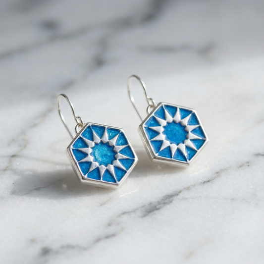 Tile Design Drop Earrings - Blue Hexagonal Earrings